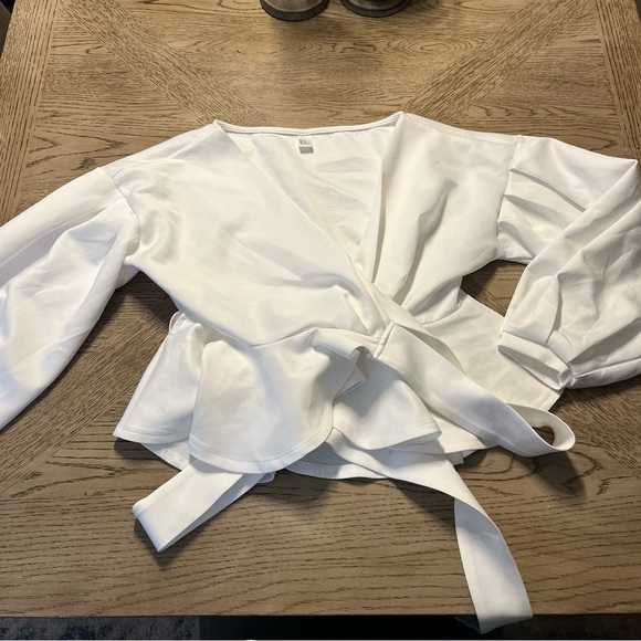 White Long Sleeve Bishop Sleeve Tie Waist Wrap Top/Blouse - Picture 4 of 11